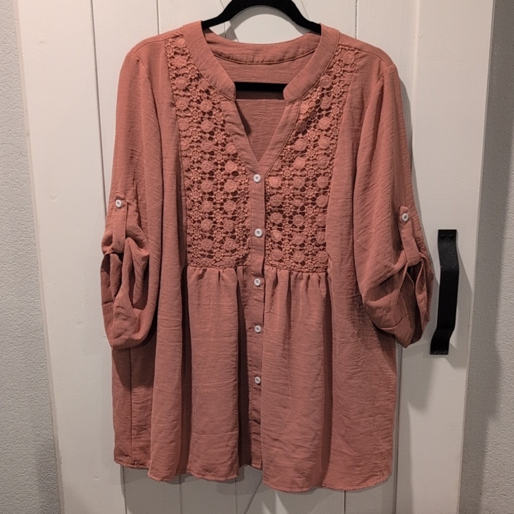 SHEIN Curve 3/4 Sleeve Terracotta Lace Panel Blouse Size 2XL